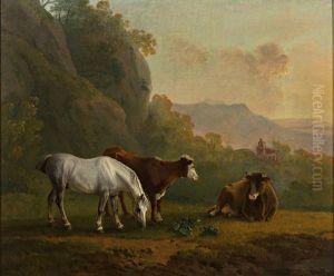 Sommerliche Hugelige Weidelandschaft Mit Rindern Und Pferd by Sawrey Gilpin