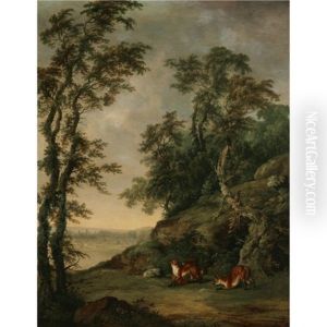 A Fox Family In An Extensive Landscape (collab. W/george Barret) by Sawrey Gilpin