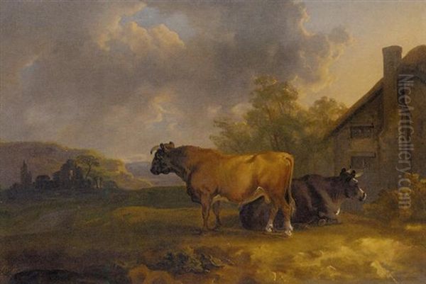 Cattle By A Cottage, In A Landscape With Ruins Beyond - view 1