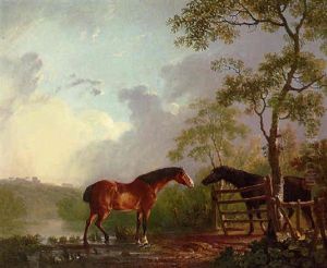 A Mare And Stallion In A Wooded Landscape, Beside A Lake