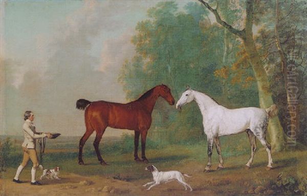 A Grey And Bay Hunter With Dogs And A Groom In A Landscape - view 1