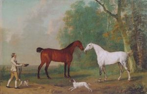 A Grey And Bay Hunter With Dogs And A Groom In A Landscape by Sawrey Gilpin