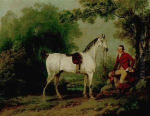 Portrait Of A Gentleman, The Mure Of Caldwell Family ?, With A Saddled Grey Hunter, In A Wooded Landscape by Sawrey Gilpin