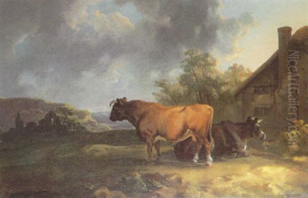 A Bull Standing Beside A Reclining Bull Outside A Farmhouse With Extensive Moor Beyond - view 1