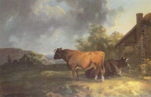 A Bull Standing Beside A Reclining Bull Outside A Farmhouse With Extensive Moor Beyond by William Sawrey Gilpin