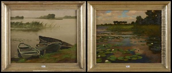 Les Nenuphars Sur Le Lac D"overmeyre-donck; Barques Au Bord D"un Etang (pair) - view 1