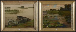 Les Nenuphars Sur Le Lac D"overmeyre-donck; Barques Au Bord D"un Etang (pair) by Victor Olivier Gilsoul