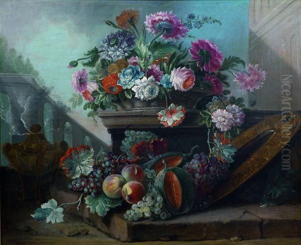 Nature Morte Au Bouquet De Fleurs, Brule-parfum Et Fruits Disposes Sur Une Terrasse D'un Palais Classique - view 1