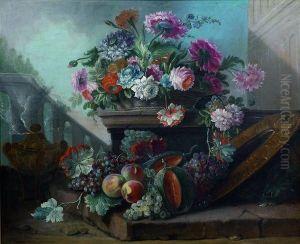 Nature Morte Au Bouquet De Fleurs, Brule-parfum Et Fruits Disposes Sur Une Terrasse D'un Palais Classique by Jean Jacques Bachelier