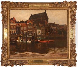 Dordrecht (temps Pluvieux), Dutch Canal Scene On A Rainy Day by Victor Olivier Gilsoul