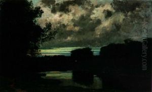 Sunset Over Pond And Chateau by Victor Olivier Gilsoul