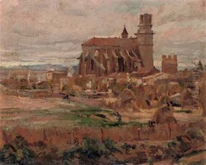 Iglesia En El Campo Con El Mar Al Fondo - A Church In The Countryside, With The Sea Beyond by Francisco Gimeno Arasa