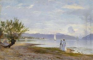 Promeneuses Sur La Plage De Vidy Avec Vue Au Loin Sur Le Chateau D'ouchy by Auguste Bachelin