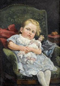 Madchen Mit Puppe Auf Grunem Fauteuil. by Auguste Bachelin