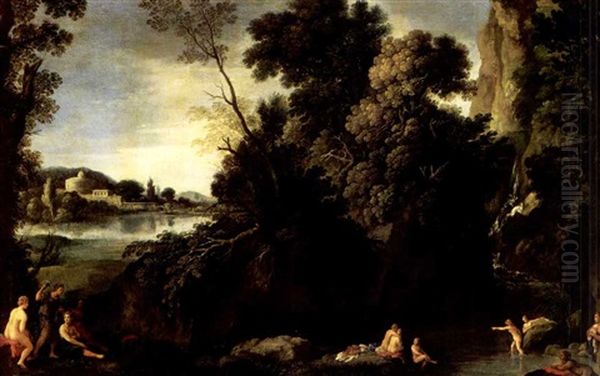 Nymphs Bathing By A Waterfall In A Wooded Landscape, A Classical Building Beyond - view 1