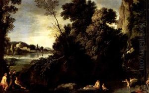 Nymphs Bathing By A Waterfall In A Wooded Landscape, A Classical Building Beyond