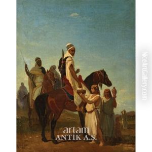 Cavaliers Arabes Acceptant Du Lait Dans Le Desert by Louis Eugene Ginain