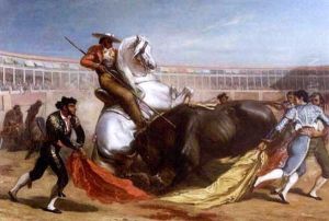 Bull Fighting Scene With White Stallion by Louis Eugene Ginain