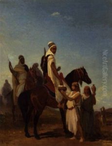 Cavaliers Arabes Acceptant Du Lait Dans Le Desert by Louis Eugene Ginain