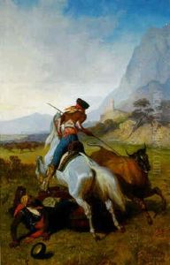 Huntsmen Bringing Down A Steer by Louis Eugene Ginain