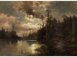 Waldlandschaft Mit See Im Mondlicht