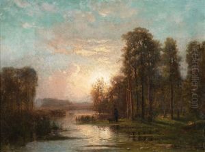 Figure And Dog In A Landscape by Aleksandr Vasil'evich Gine