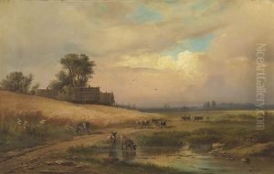 Cattle Watering In A Summer Landscape by Aleksandr Vasil'evich Gine