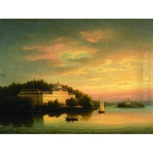 A Lake Scene At Sunset With A Summer Palace On The Shore And Figures In A Dinghy In The Foreground