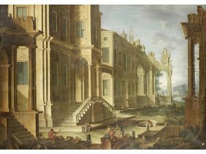 An Architectural Capriccio With Figures Before Palace Steps (+ An Architectural Capriccio With Soldiers Amongst Ruins In The Foreground; Pair)