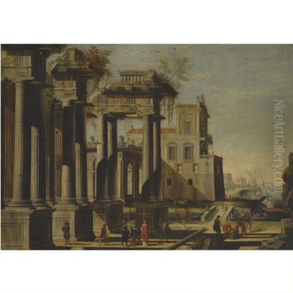 A Mediterranean Harbor Capriccio With Figures Beneath Classical Ruins - view 1