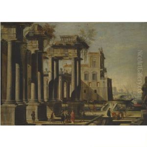 A Mediterranean Harbor Capriccio With Figures Beneath Classical Ruins