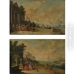 Views Of Bustling Harbors With Elegant Figures Strolling Along The Shore (pair)