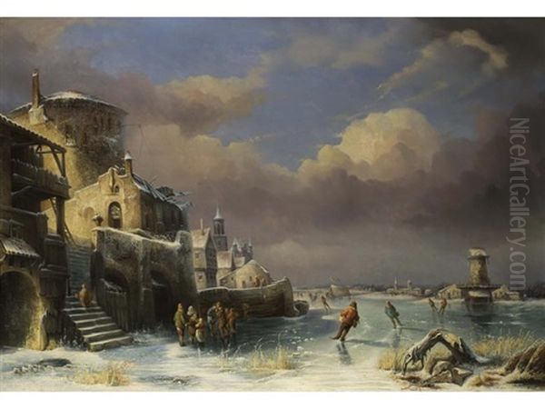 Schlittschuhlaufer In Vereister Polderlandschaft Mit Fantasievoller Burganlage Mit Kapelle Und Stadthausern Am Ufer - view 1