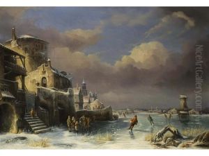 Schlittschuhlaufer In Vereister Polderlandschaft Mit Fantasievoller Burganlage Mit Kapelle Und Stadthausern Am Ufer by Jacques Van Gingelen