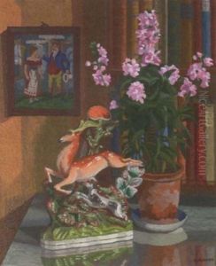 Still Life With Pot Plant And Staffordshire Figure Of A Stag