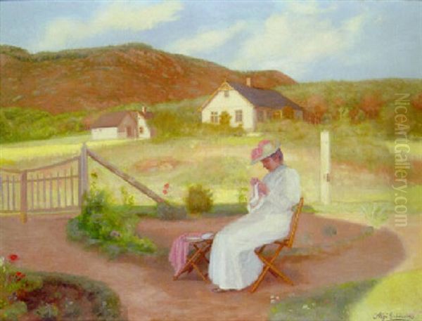 A Young Girl Sewing In A Sunlit Landscape - view 1