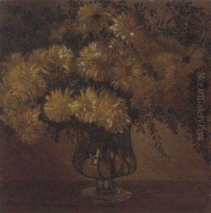 Still Life Of Chrysanthemums In A Glass Vase by Edoardo Gioja