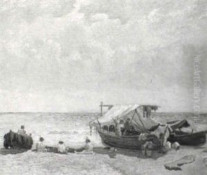 Fisherfolk On The Beach by Edoardo Gioja