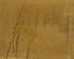 Winter Landscape With Trees And Haystacks by Otto (Henry) Bacher