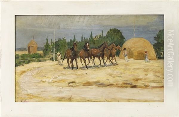 Paesaggio Campestre Con Cavalli E Contadini - Country Landscape With Horses And Farmers - view 1