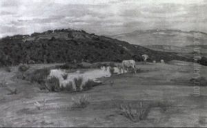 Paesaggio Toscano Con Buoi by Luigi Gioli