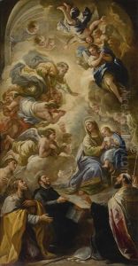 Saint Anne And The Young Virgin Blessed By God The Father And The Holy Ghost With Saints Sebastian, James The Greater, Ignatius And Another Male Saint by Luca Giordano
