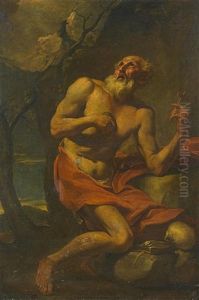 Der Heilige Hieronymus In Felsiger Waldlandschaft by Luca Giordano