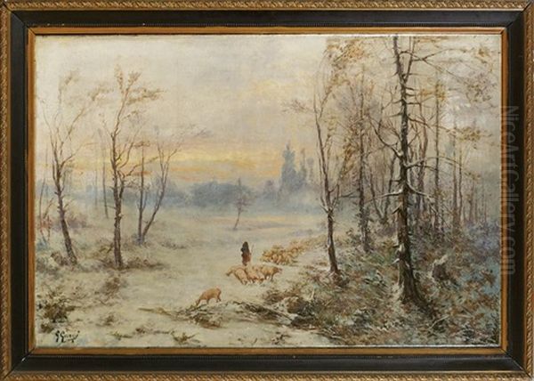Schaferin Mit Ihrer Herde In Verschneiter Landschaft - view 1