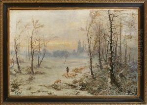 Schaferin Mit Ihrer Herde In Verschneiter Landschaft