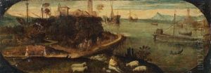 A Shepherd And His Flock Before A Harbour Town, Within A Painted Oval