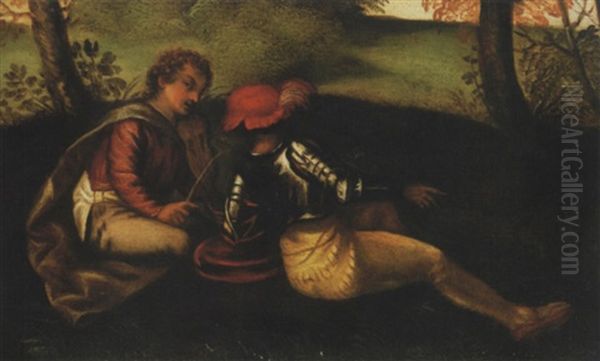 Soldat Et Musicien Assis Dans Un Paysage - view 1