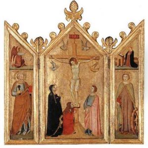 The Crucifixion With The Magdalen At The Foot Of The Cross; Saint Peter; Saint Catherine; The Annunciation Above by Giotto