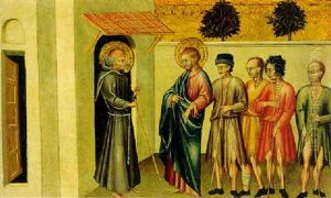 A Franciscan Saint Meeting Saint James The Greater And Pilgrims by Giovanni di Paolo