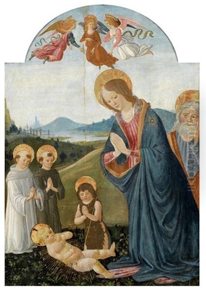 Die Anbetung Des Kindes Mit Der Madonna, Dem Heiligen Johannes Dem Taufer, Dem Heiligen Joseph, Einem Augustiner- Und Einem Benediktinermonch Und Drei Engeln Vor Einer Weiten Flusslandschaft - view 1